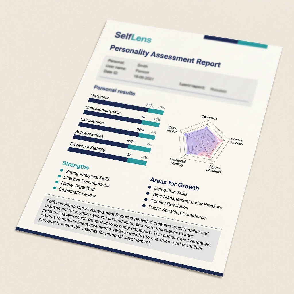 Sample SelfLens assessment report preview showing personality scores, strengths, and growth areas